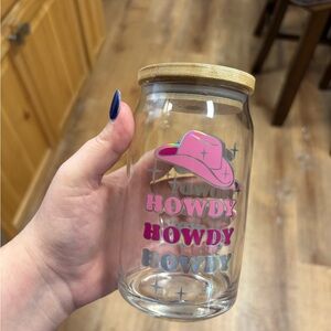 Howdy Pink Cowboy Hat Glass Jar Cup